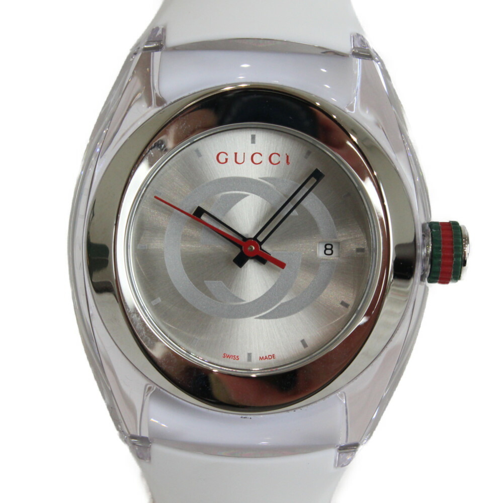 Gucci Sync Quartz Date Watch SS Nylon Rubber Silver White